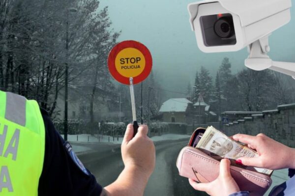 policajac sa palicom u ruci na ulici, video kamera sa ulice i osoba koja vadi novac iz novčanika simuliraju na neplaćene saobraćajne kazne
