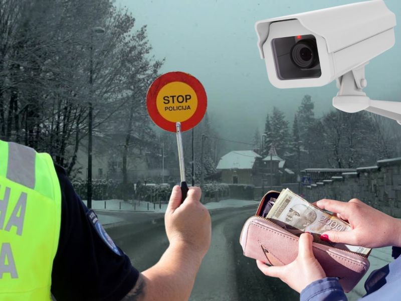 policajac sa palicom u ruci na ulici, video kamera sa ulice i osoba koja vadi novac iz novčanika simuliraju na neplaćene saobraćajne kazne