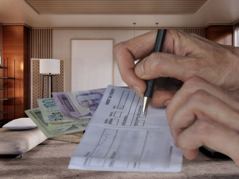 Osoba popunjava uplatnicu, u pozadini dnevni boravak