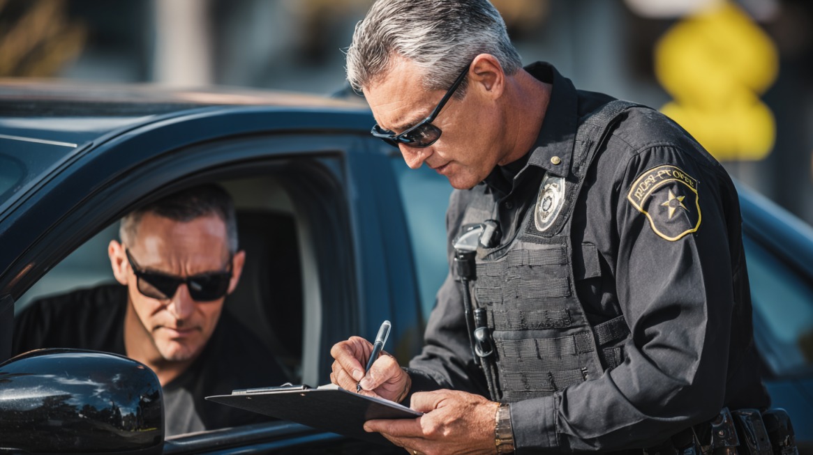 Policajac piše kaznu vozaču koji je zaustavljen u automobilu zbog prekršaja