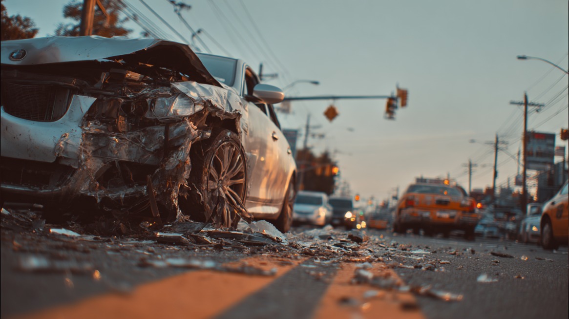 Oštećen automobil nakon teške saobraćajne nezgode, sa rasutim delovima po putu