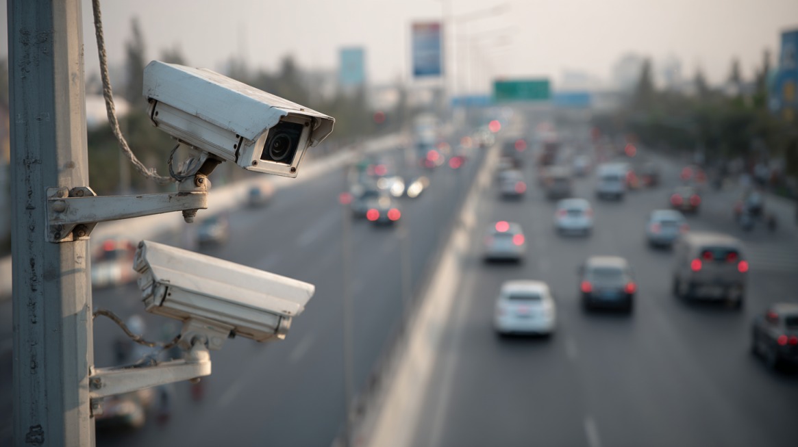 Nadzorne kamere iznad prometnog puta snimaju saobraćaj i vozila u pokretu
