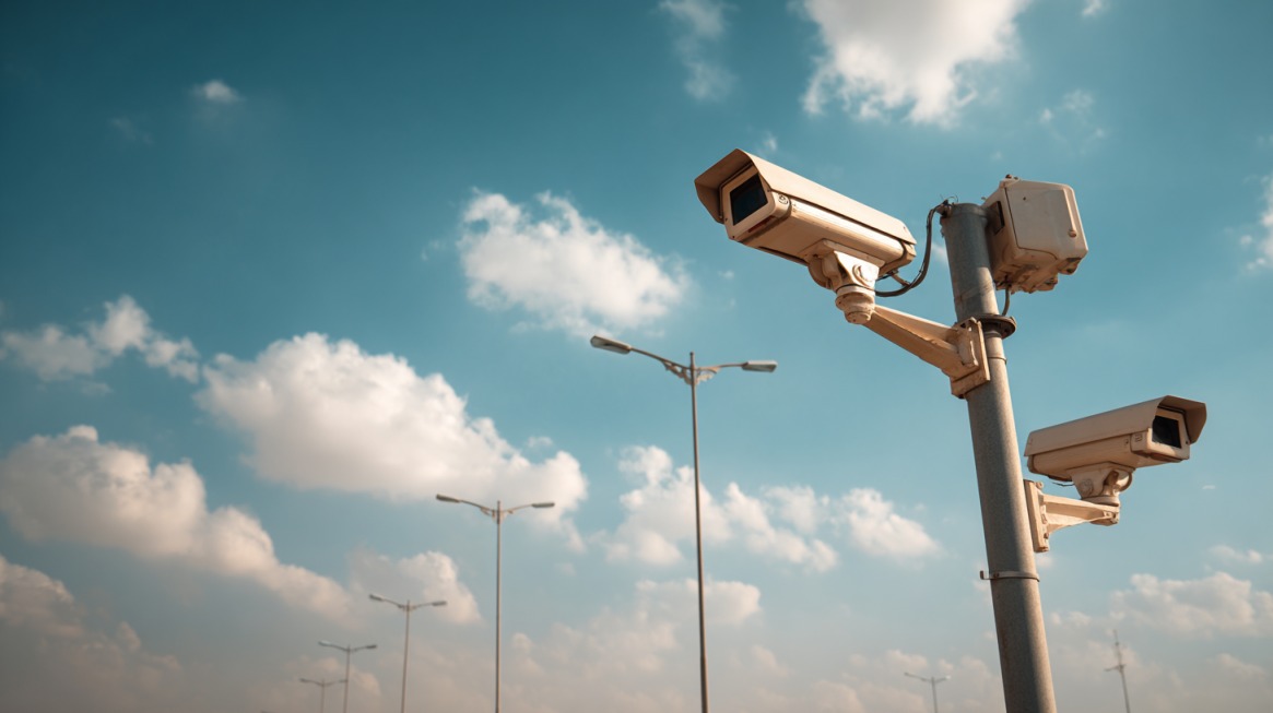 nadzorne saobraćajne kamere postavljene na stubu, uperene ka putu, pod vedrim nebom sa oblacima