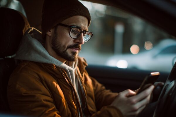 Muškarac sa naočarima i kapom sedi u automobilu i koristi mobilni telefon tokom vožnje