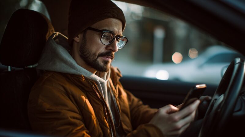 Muškarac sa naočarima i kapom sedi u automobilu i koristi mobilni telefon tokom vožnje