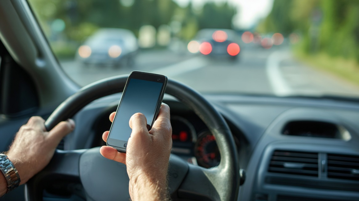 Vozač drži mobilni telefon u jednoj ruci dok drugom drži volan tokom vožnje