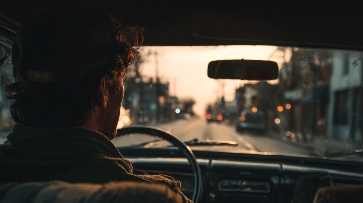 Vozač posmatran s leđa, sedi za volanom automobila dok se kreće kroz gradske ulice u sumrak