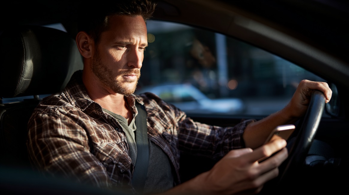 Muškarac u automobilu tokom vožnje gleda u mobilni telefon umesto na put