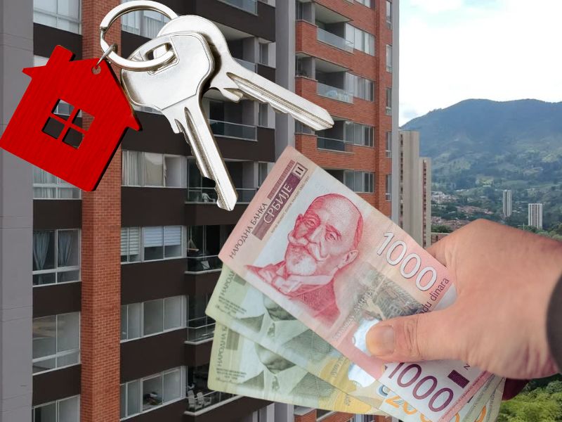 prikaz zgrade, ključeva od stana i osobe koja drži novac u ruci