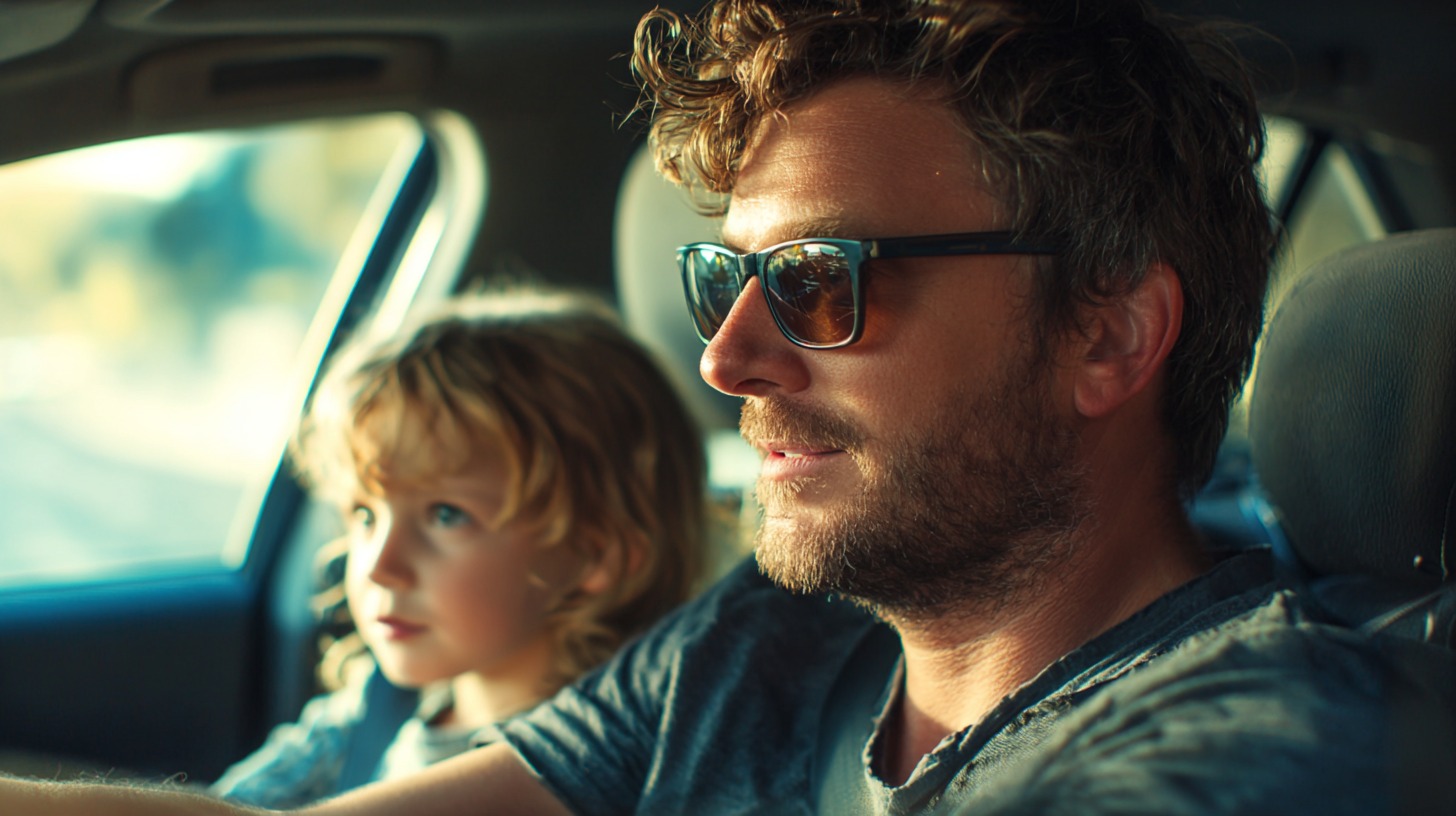 Odrasla osoba vozi automobil dok dete sedi na zadnjem sedištu, oboje gledaju napred u toku vožnje