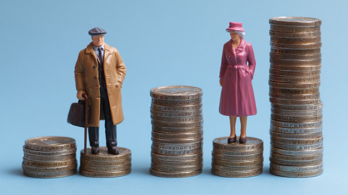 Male figure muškarca i žene stoje na različitim visinama naslaganih kovanica, simbolizujući razlike u primanjima i uticaj prosečne zarade na penziju