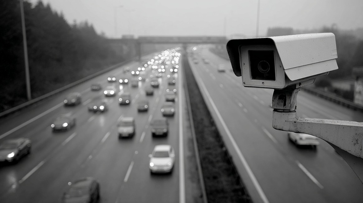 Crno-bela fotografija saobraćajne nadzorne kamere iznad autoputa sa velikim brojem vozila u pokretu