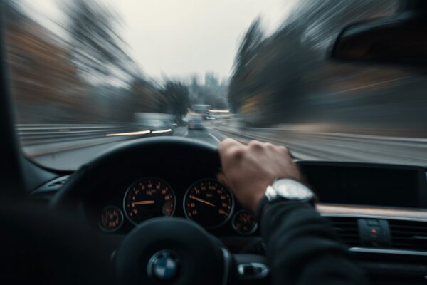 Pogled iz auta na brzu vožnju autoputem, ruke vozača na volanu i zamućena pozadina koja prikazuje kretanje