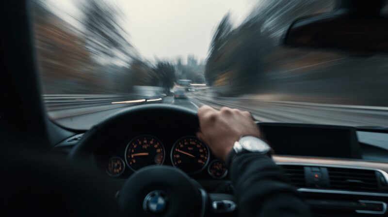 Pogled iz auta na brzu vožnju autoputem, ruke vozača na volanu i zamućena pozadina koja prikazuje kretanje