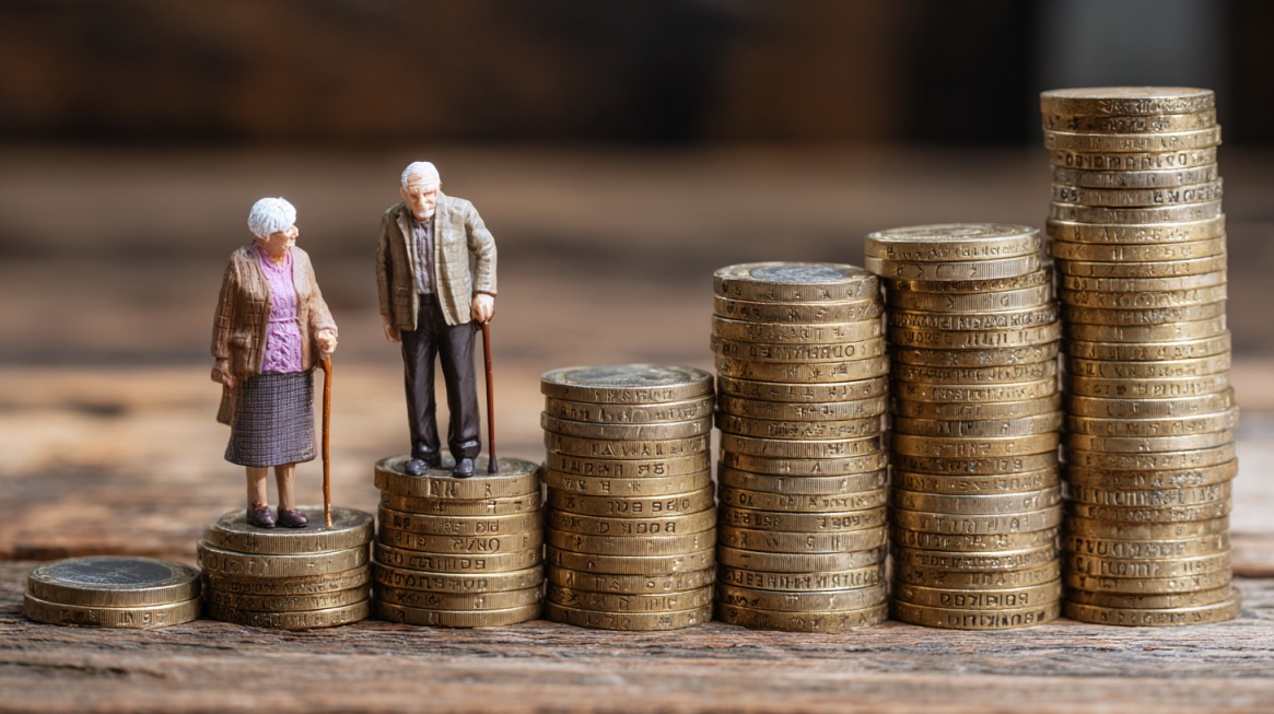 Figure starijeg muškarca i žene stoje na različitim visinama naslaganih kovanica koje simbolizuju razlike u visini penzija i načinu njihovog obračuna