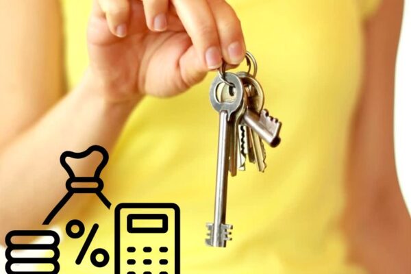 osoba drži ključ od stana u ruci i dole u uglu grafika plaćanja poreza