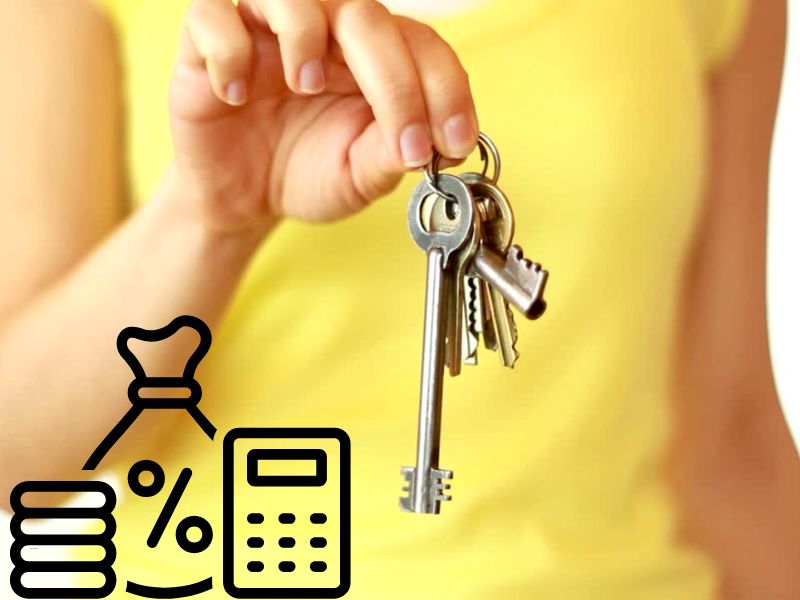 osoba drži ključ od stana u ruci i dole u uglu grafika plaćanja poreza