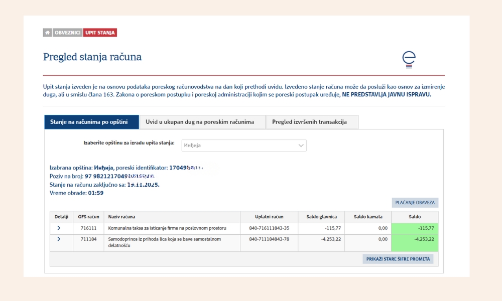 Otvorite prikaz duga kako biste videli sva evidentirana zaduženja i uplate po JMBG.