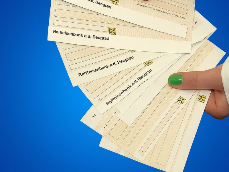 osoba drži čekove u ruci na plavoj pozadini