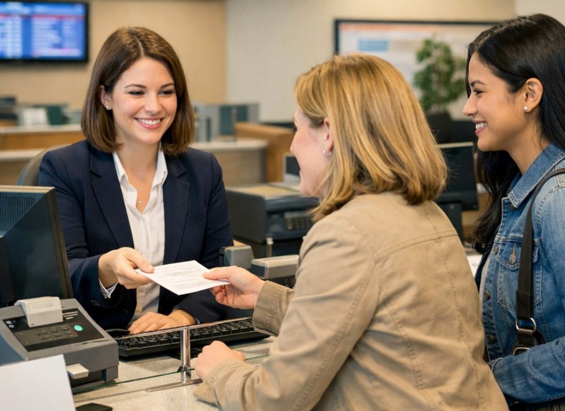 osoba uzima papir od osobe sa šaltera