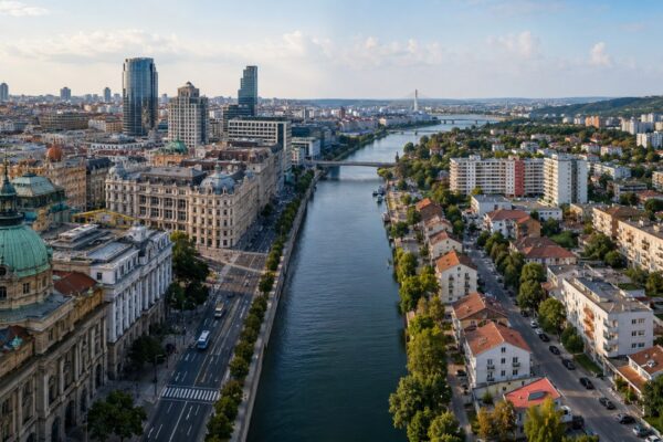 Panoramski pogled na Beograd sa rekom, centralnim gradskim zgradama, modernom novogradnjom i povoljnijim stambenim naseljima u pozadini
