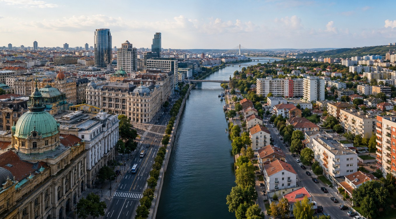 Panoramski pogled na Beograd sa rekom, centralnim gradskim zgradama, modernom novogradnjom i povoljnijim stambenim naseljima u pozadini
