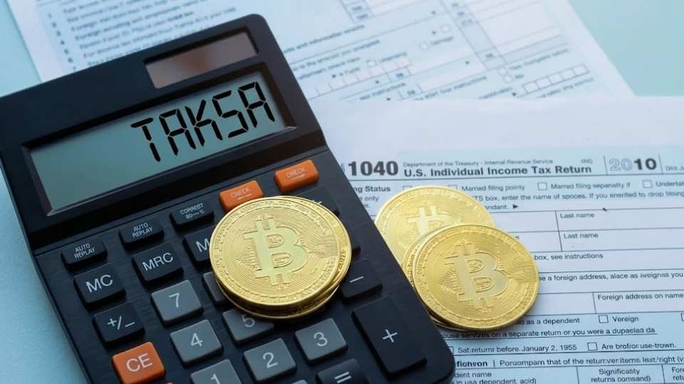 Kalkulator sa natpisom taksa pored Bitcoin novčića i poreskih obrazaca