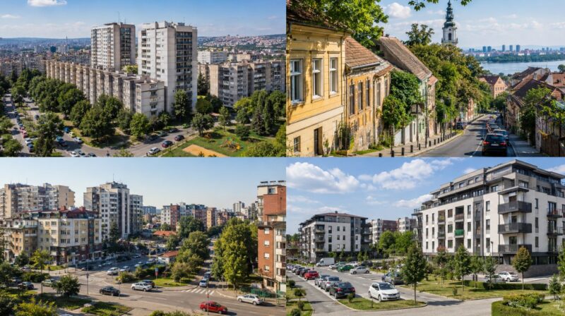 Kolaž beogradskih naselja koja kupci često biraju kao kompromis između cene i lokacije, sa prikazom Mirijeva, Zemuna, Karaburme, Ledina i Altine