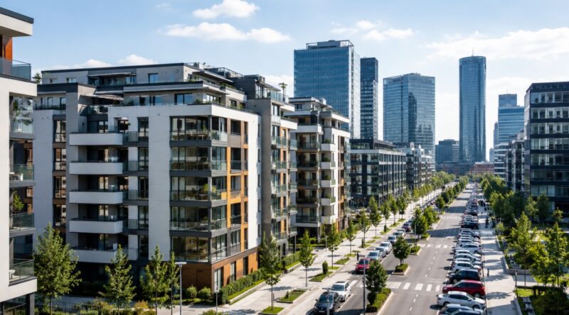Moderna novogradnja na Novom Beogradu sa stambenim kompleksima, poslovnim zgradama, širokom ulicom, parkingom i uređenim zelenilom