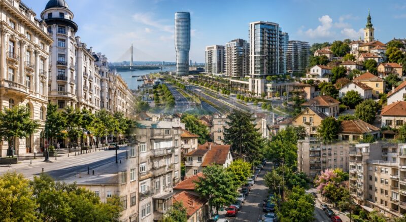 Kolažni prikaz različitih delova Beograda, od centralnih opština i moderne novogradnje do mirnijih stambenih naselja, koji ilustruje razlike u cenama kvadrata po lokacijama