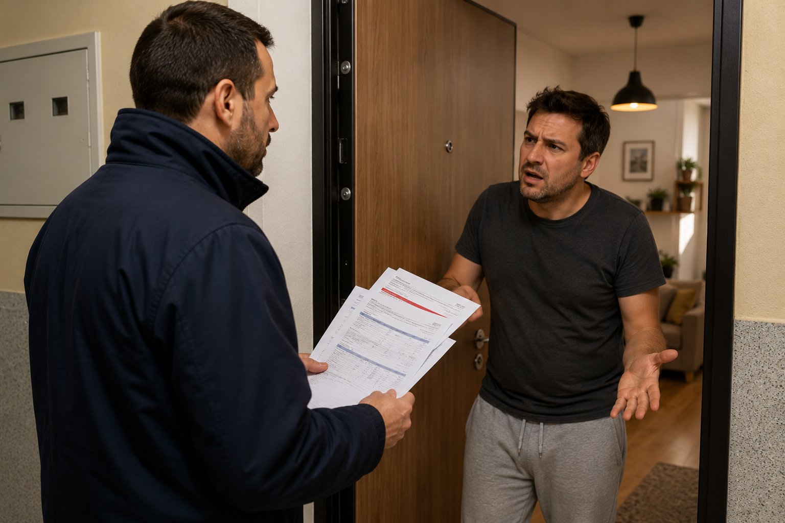 Upravnik zgrade razgovara sa stanarom na ulaznim vratima dok u rukama drži neplaćene račune, a stanar negoduje i odbija plaćanje.