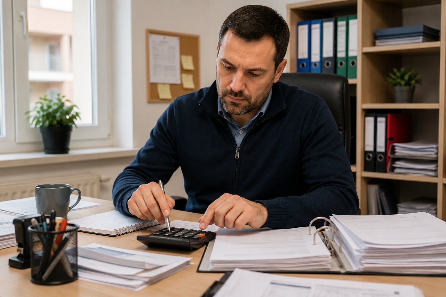Profesionalni upravnik zgrade za radnim stolom koristi digitron za obračun troškova dok pregledava finansijsku dokumentaciju