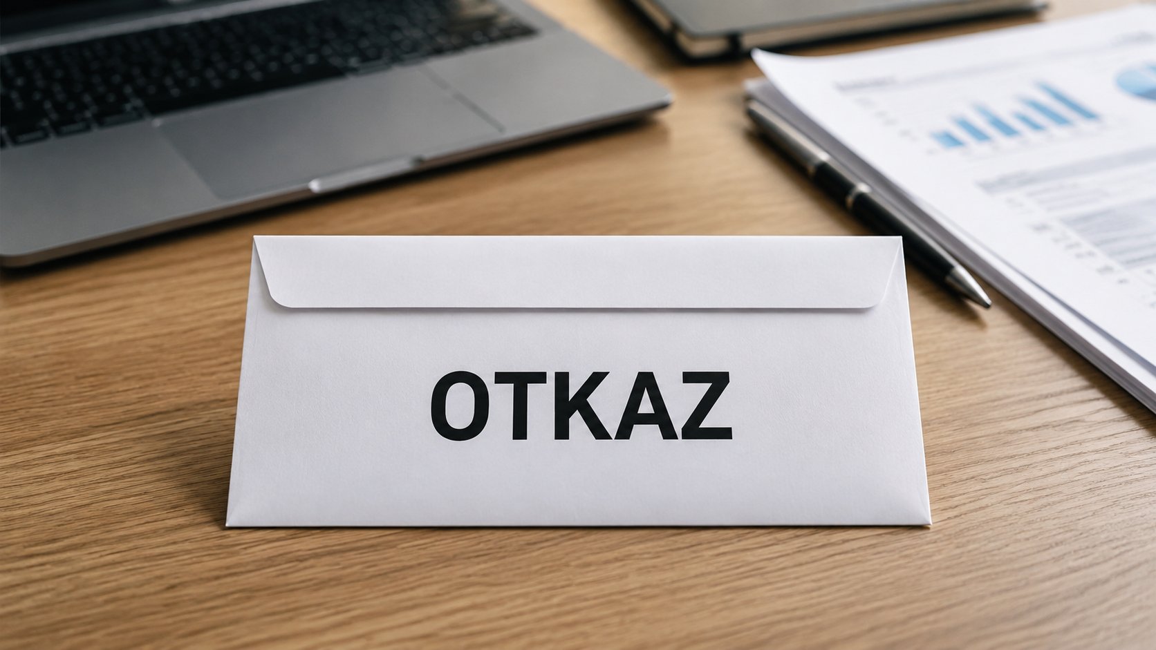 Koverta sa natpisom otkaz na kancelarijskom stolu pored laptopa i poslovnih dokumenata