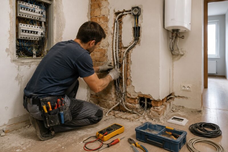 Električar popravlja dotrajale električne vodove i razvodnu tablu u stanu nakon otvaranja zida.