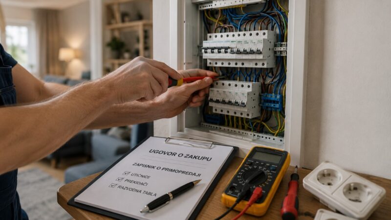 Električar popravlja razvodnu tablu u iznajmljenom stanu uz ugovor o zakupu i alat za proveru instalacija.