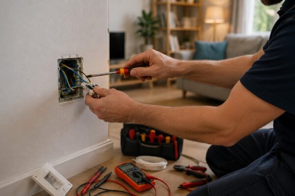 Električar popravlja električnu instalaciju i utičnicu u stanu koristeći profesionalni alat i merni uređaj.