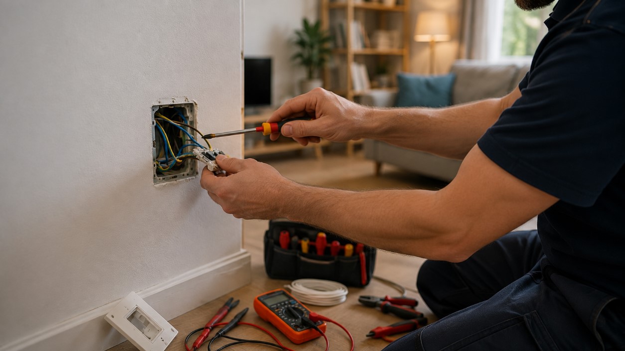 Električar popravlja električnu instalaciju i utičnicu u stanu koristeći profesionalni alat i merni uređaj.