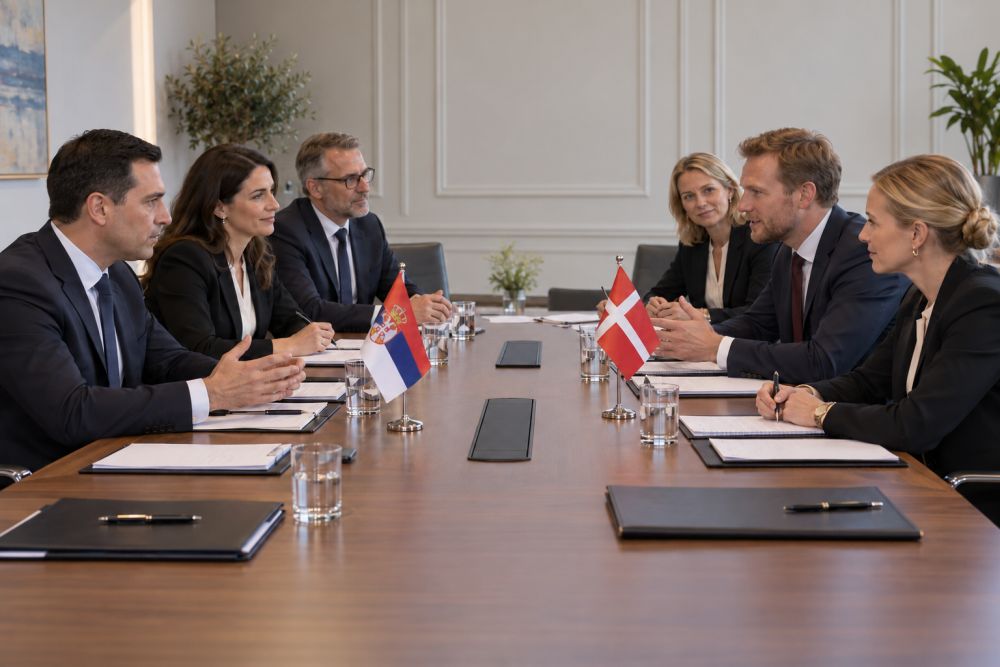 Šest poslovnih ljudi razgovara za konferencijskim stolom sa dokumentacijom i zastavicama Srbije i Danske.