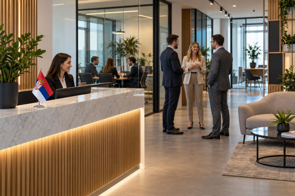 Recepcija moderne kancelarije sa zastavicom Srbije, dok poslovni ljudi razgovaraju pored staklene sale za sastanke.
